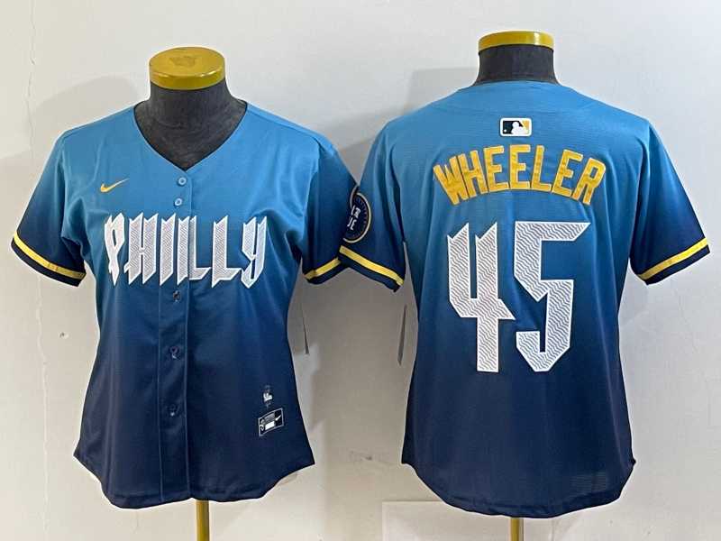 Womens Philadelphia Phillies #45 Zack Wheeler Blue 2024 City Cool Base Stitched Jersey->mlb womens jerseys->MLB Jersey
